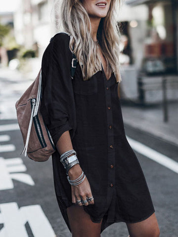 Woochic mi-longue blouse robe en lin boho boutonnage avec poches manches longues femme casual chemisier Noir ONESIZE